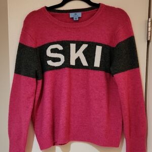 CeCe Vibrant Pink Sweater with Grey Stripe and 'SKI' Design